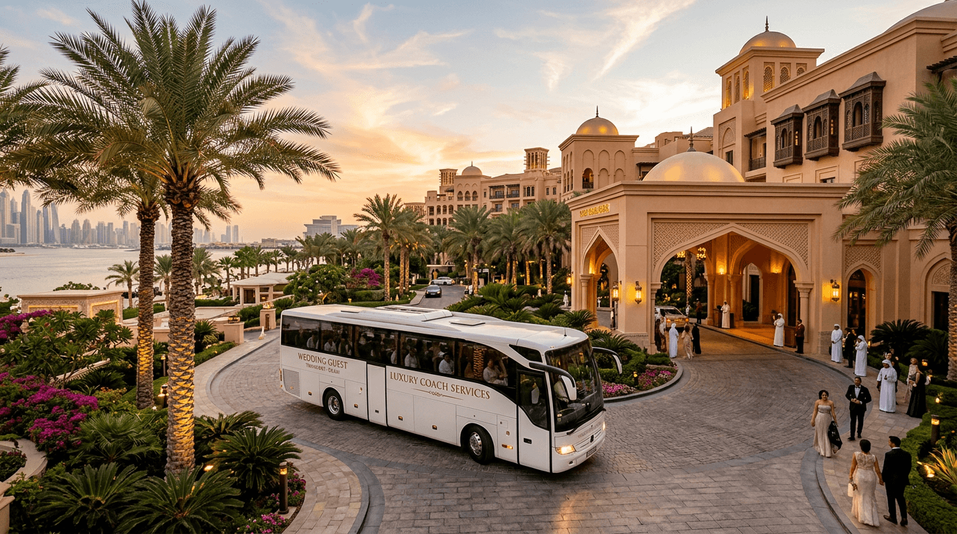 Wedding guest buses in Dubai: routes, photos, and realistic timing Wedding guest buses in Dubai: routes, photos, and realistic timing